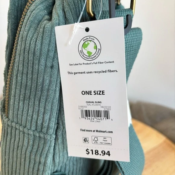 No Boundaries Teal Green Corduroy Sling Back Bag, NWT - Picture 8 of 8